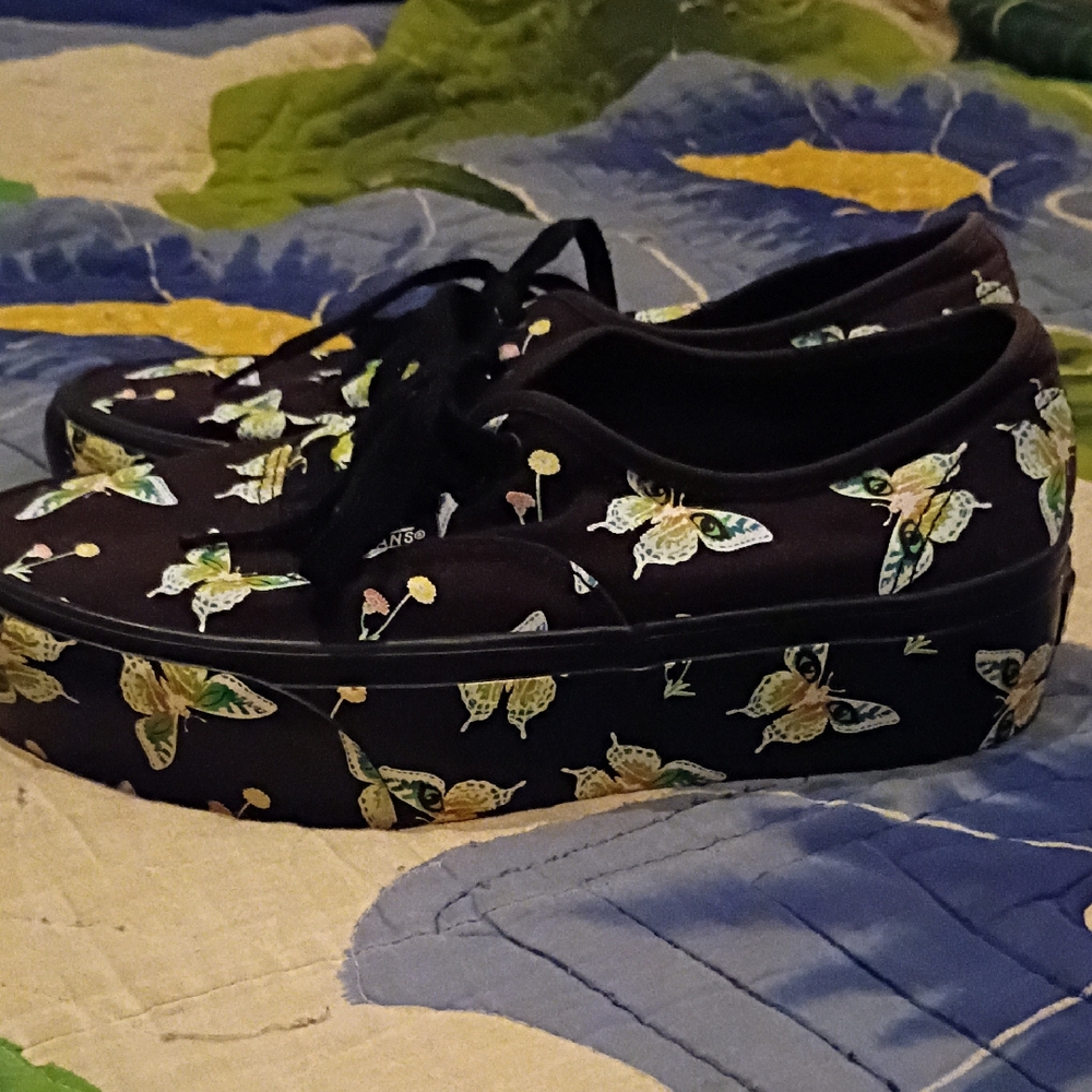 Vans Black Sneakers with Yellow and Green Butterfly Print